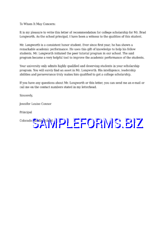 Letter of Recommendation for College Scholarship docx pdf free